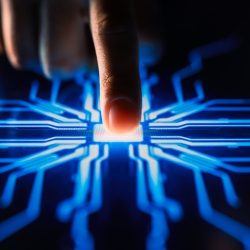 Digitalization Concept: Human Finger Pushes Touch Screen Button and Activates Futuristic Artificial Intelligence. Visualization of Machine Learning, AI, Computer Technology Merge with Humanity